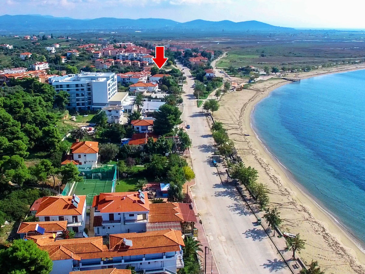 Aerial view to the long and sandy beach of Psakoudia